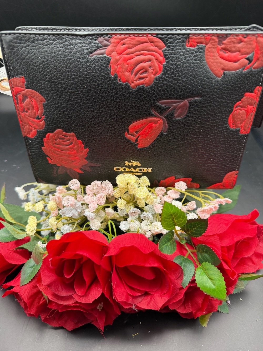Coach Black Leather Slim Crossbody with Red Rose Print